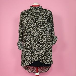 Leopard Print Hi-Lo Hem Long Sleeve Button Up